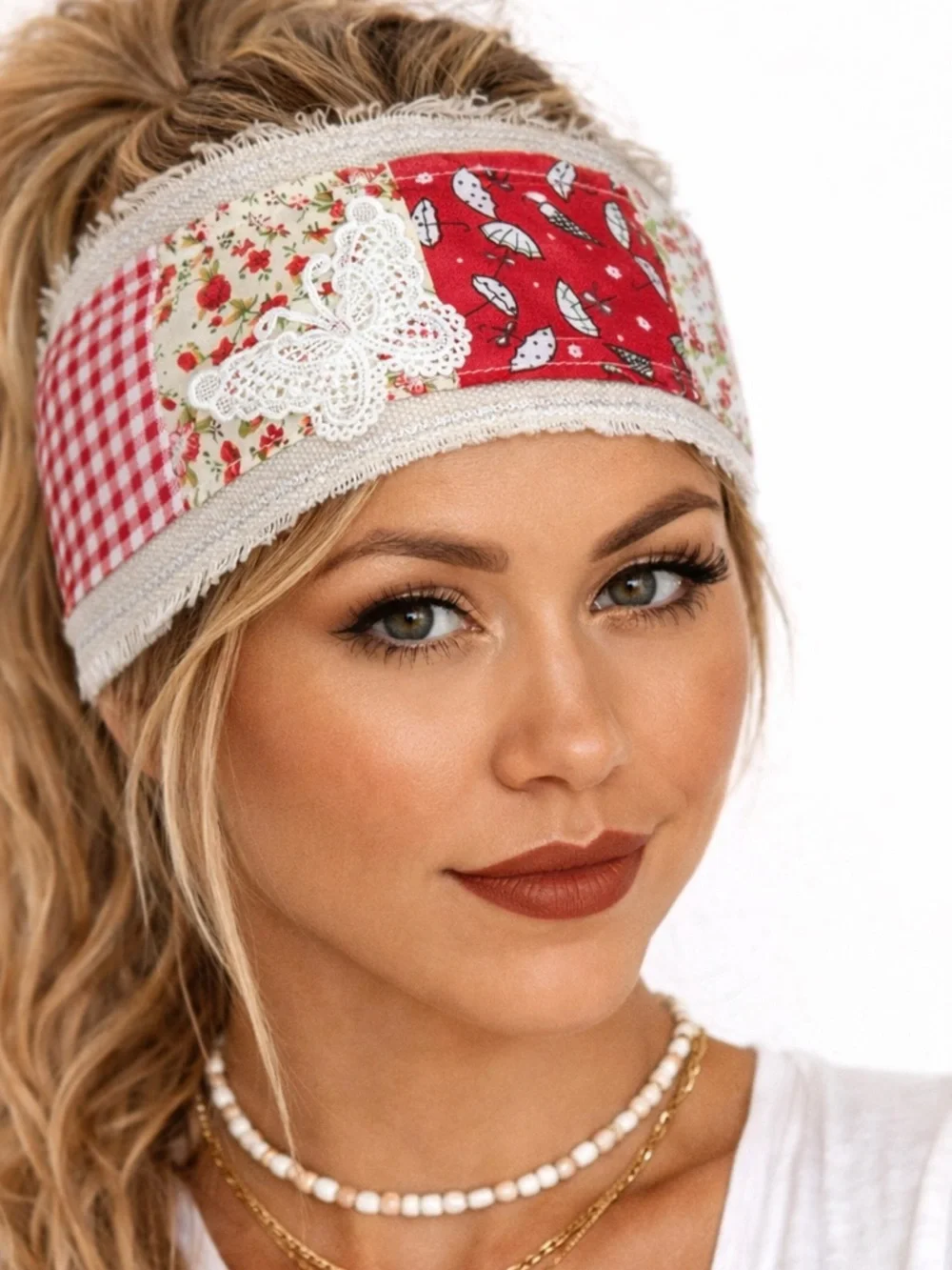 Boho Patchwork Wide Headbands Duo, Fits All Rhinestone Cotton Linen Hairbands